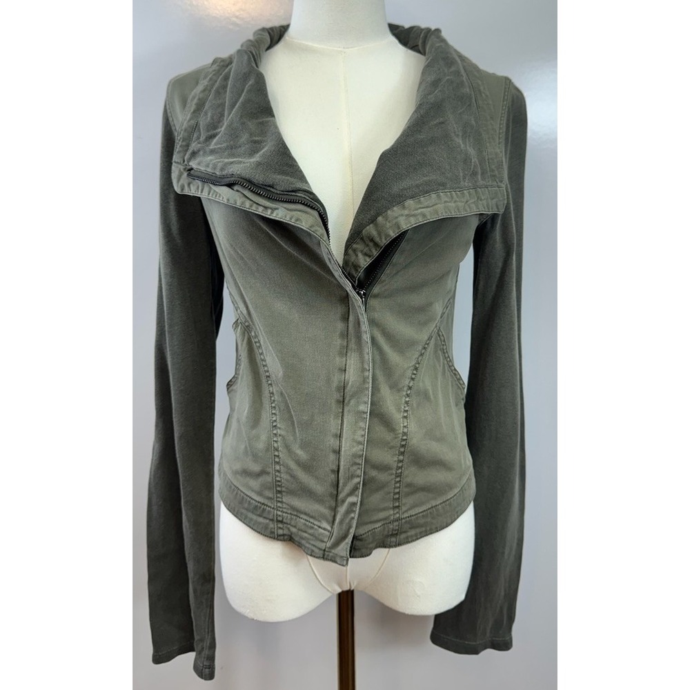 Thread & Supply Womens S Mixed Media Moto Jacket Olive Green Asymmetric Zip